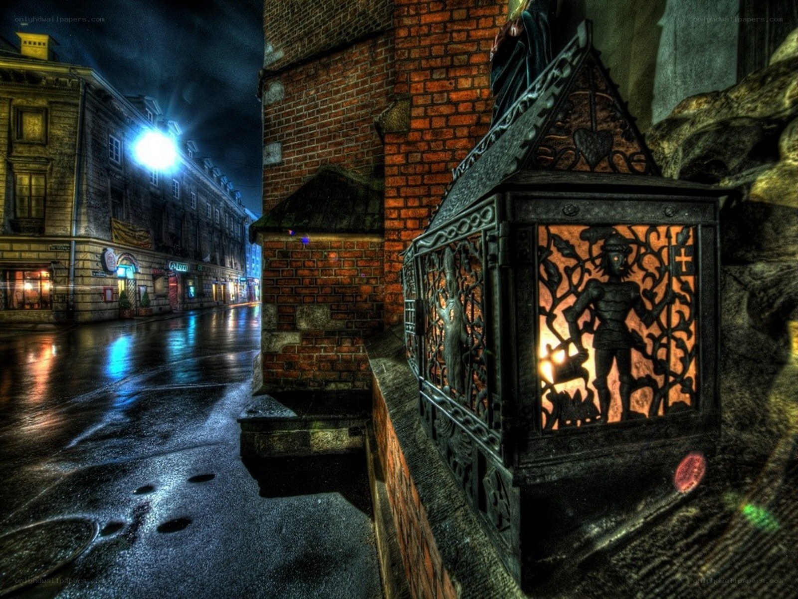 Nighttime street with ornate lantern