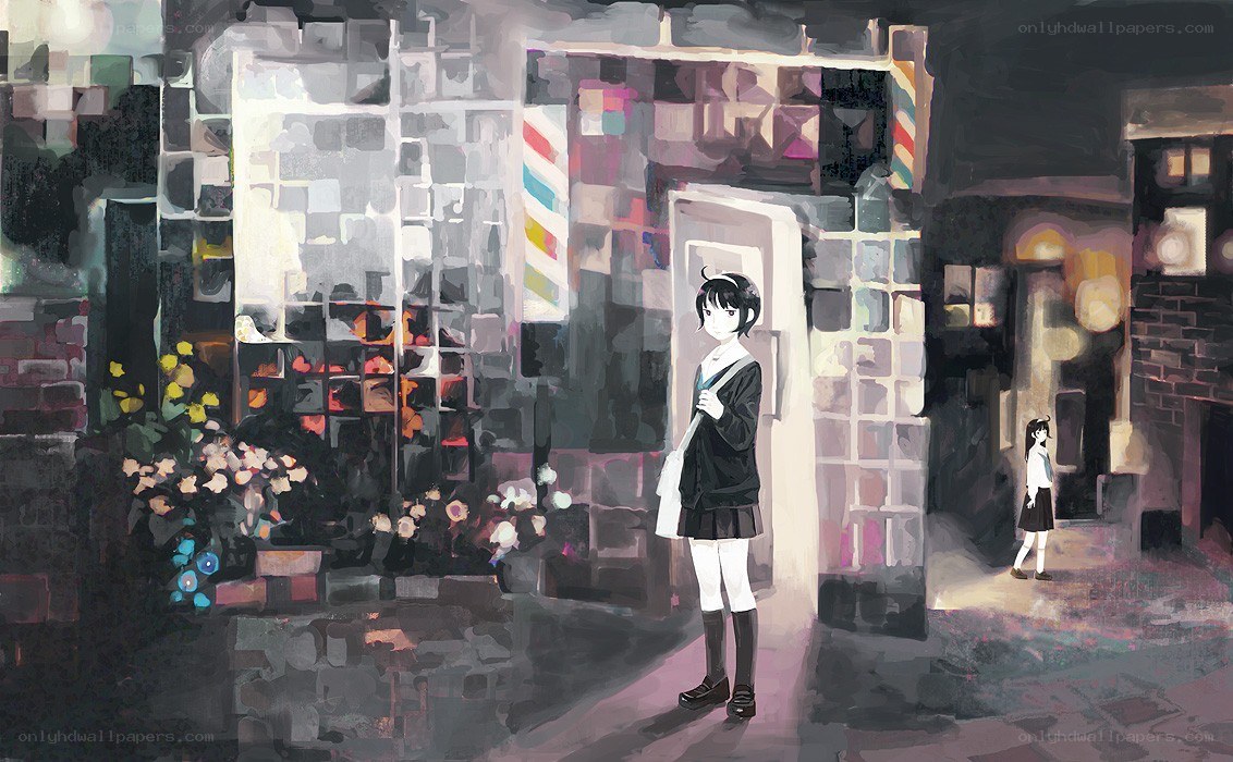Nighttime street with schoolgirls