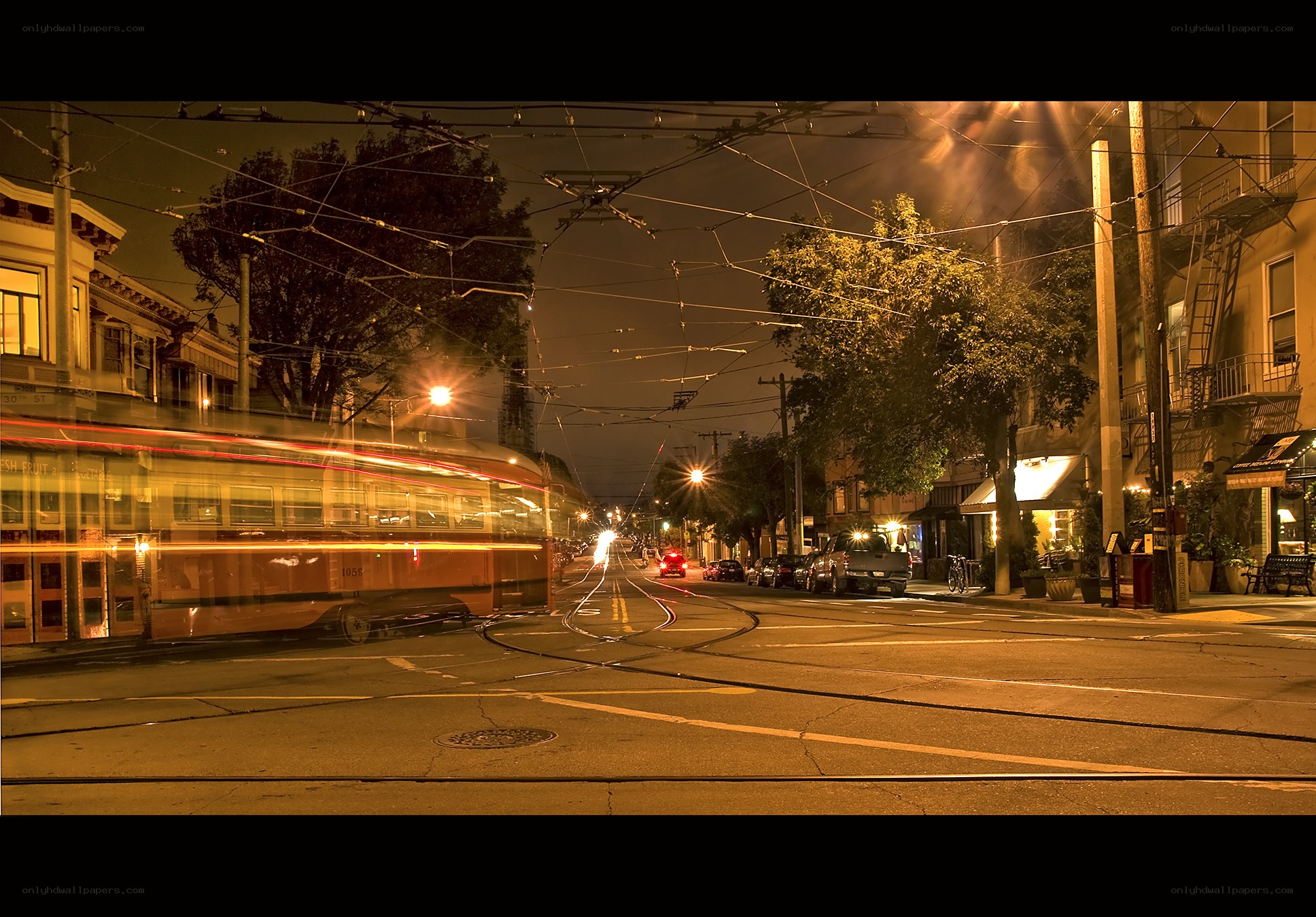 Nighttime street with trolley