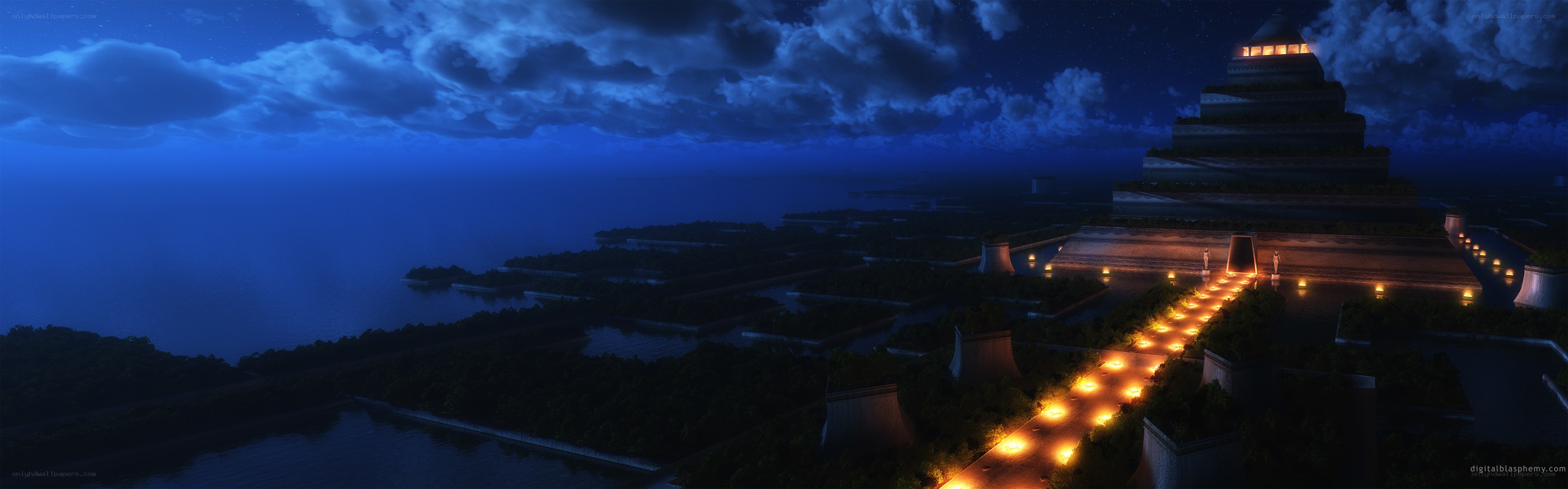 Nighttime temple by the sea