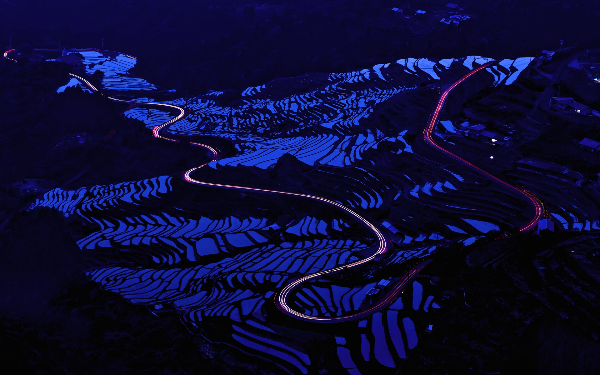 Nighttime terraced fields with light trails