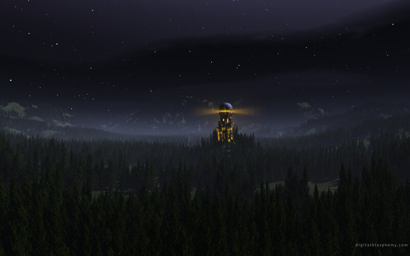 Nighttime tower in forest