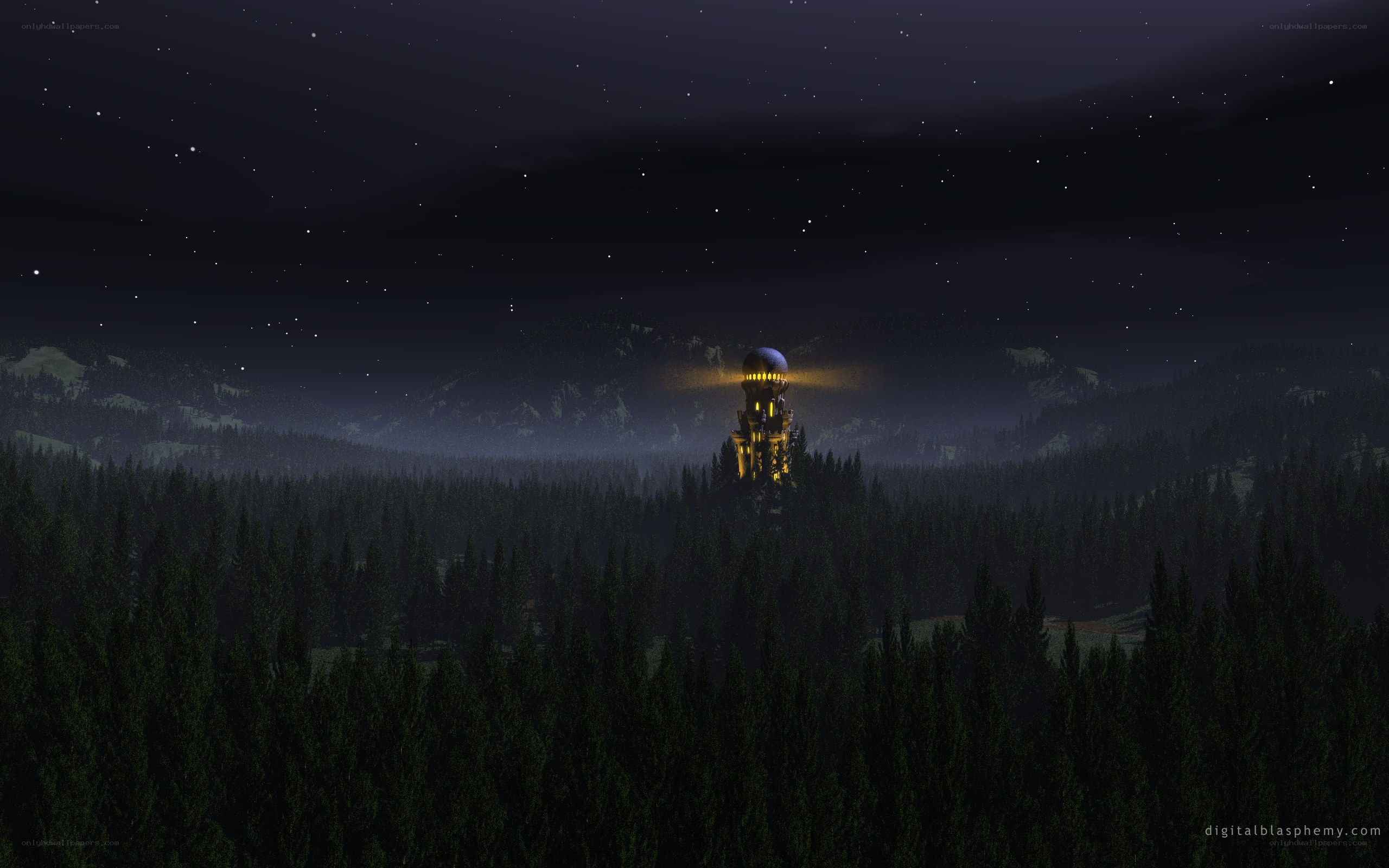 Nighttime tower in forest