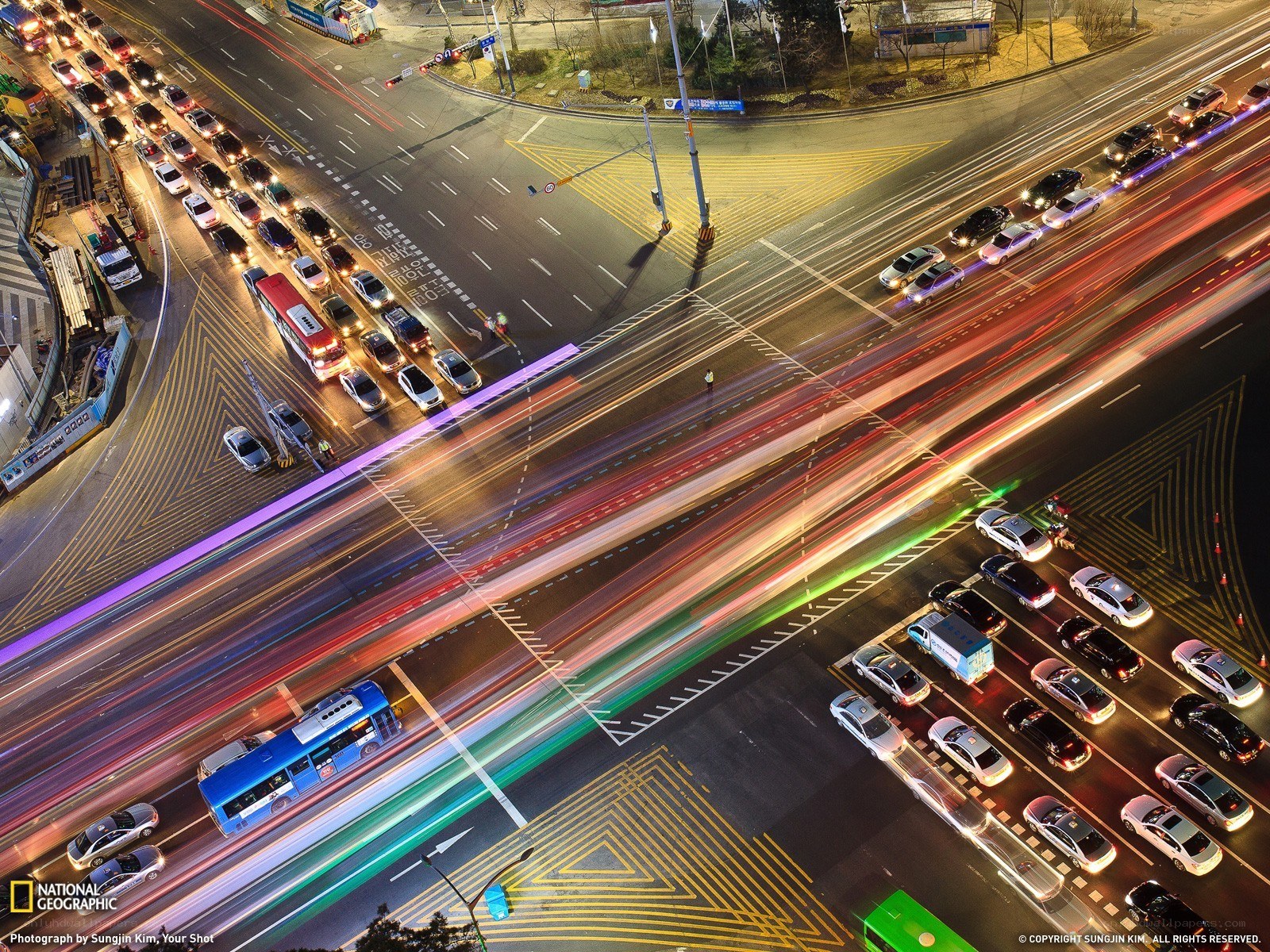 Nighttime traffic at a busy intersection