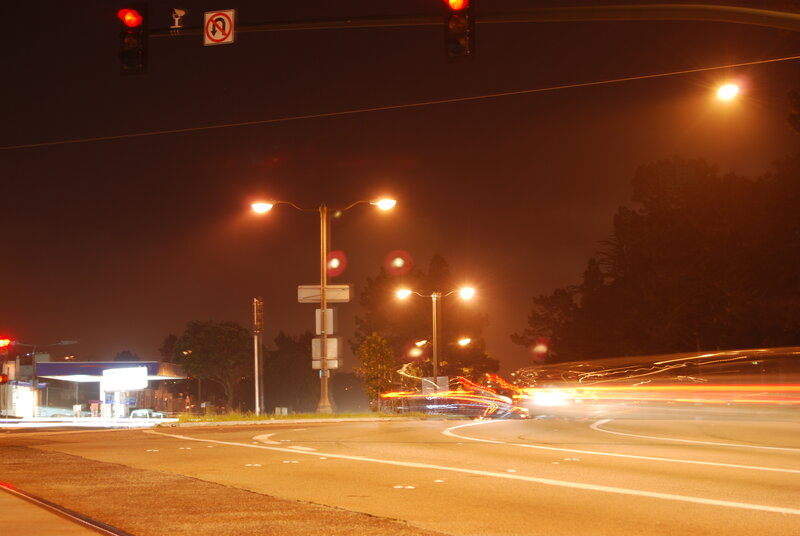 Nighttime traffic at an intersection