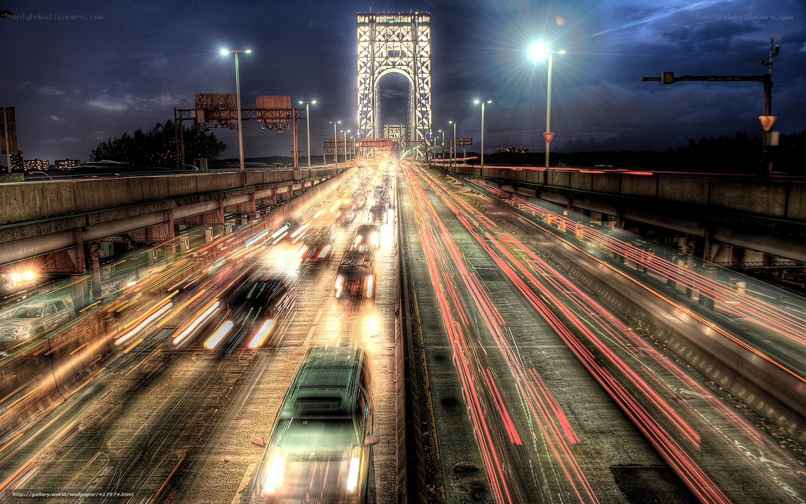 Nighttime traffic on a bridge