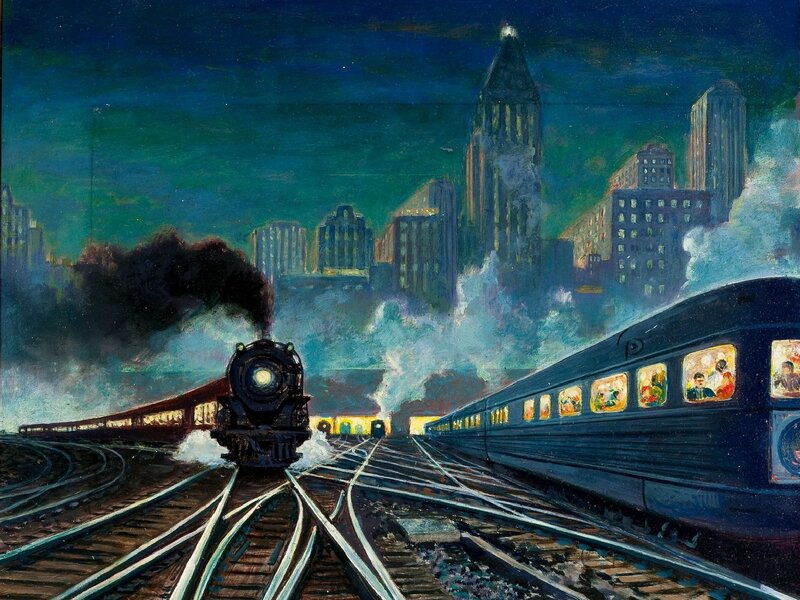 Nighttime train in city