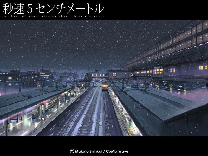 Nighttime train station in snow