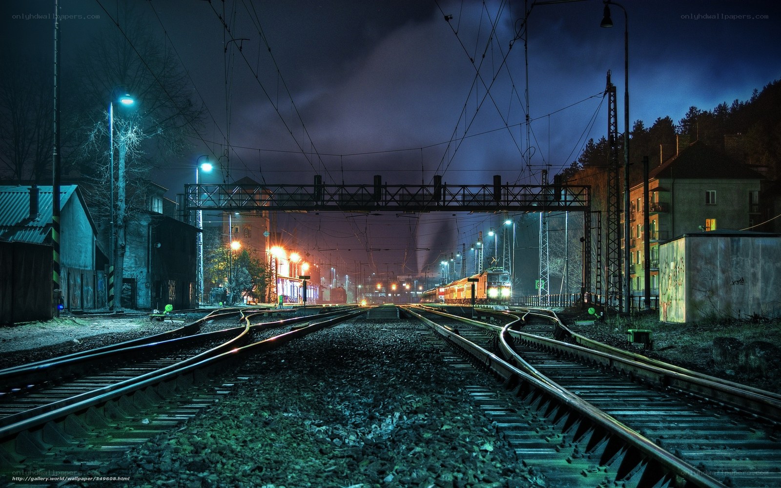 Nighttime train station scene