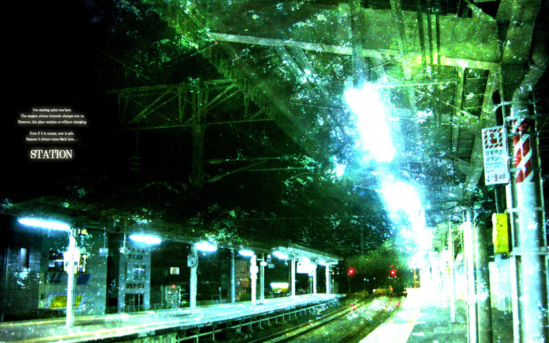 nighttime train station scene