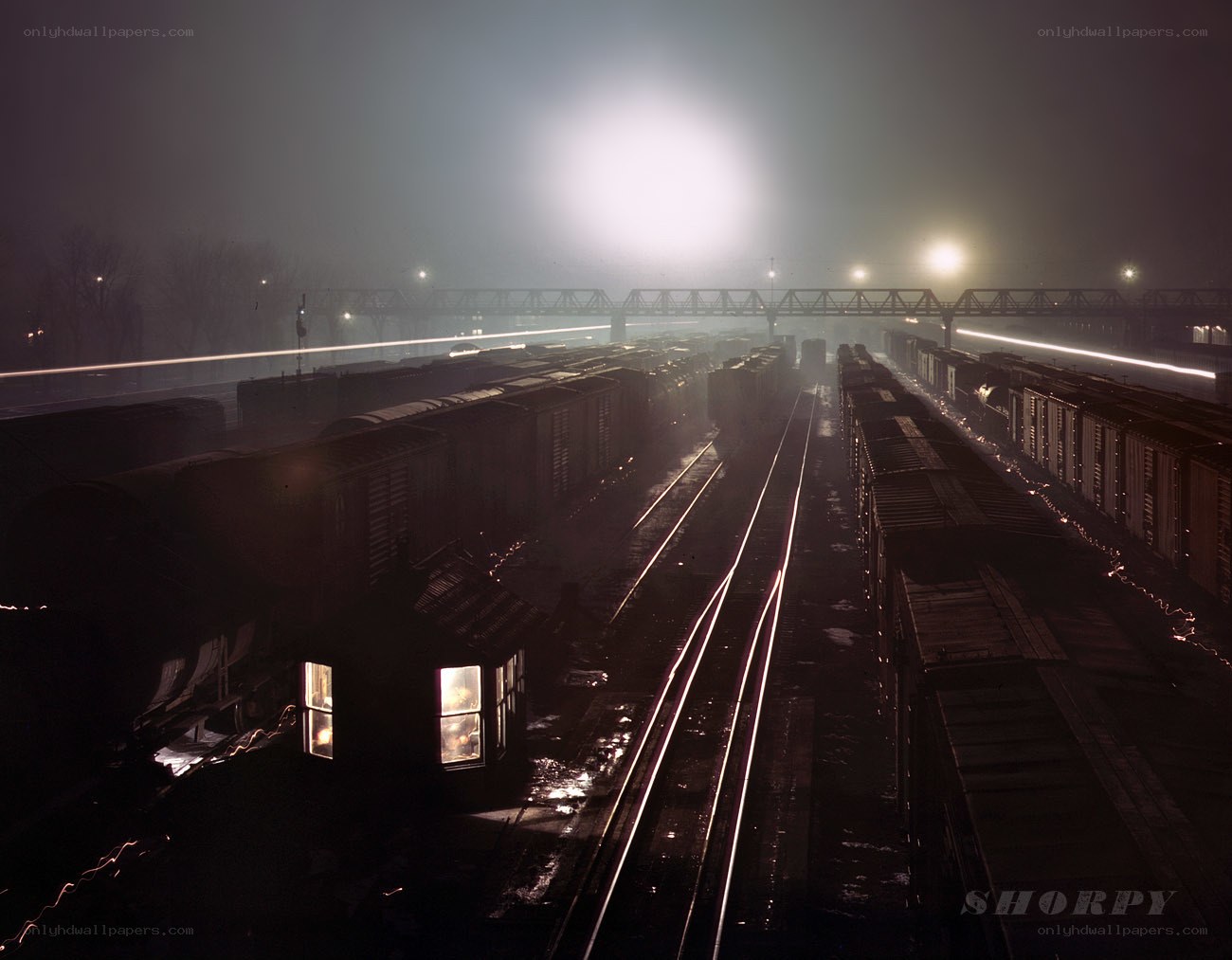 Nighttime train yard in fog