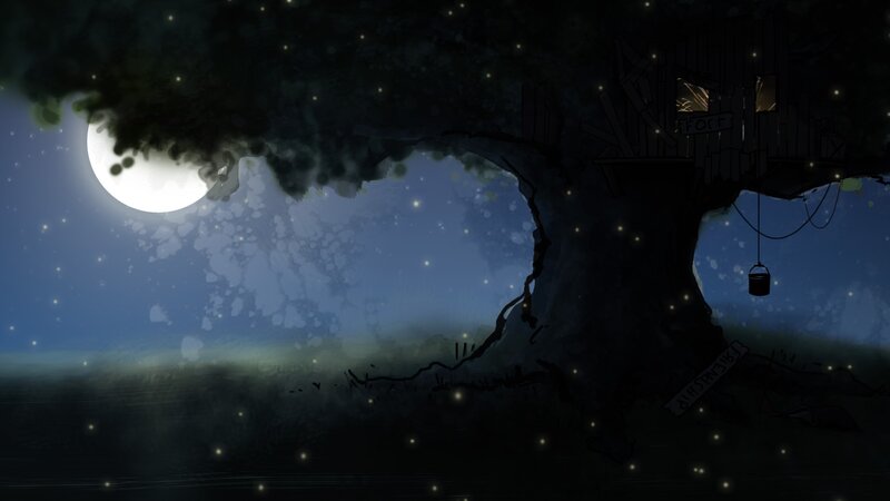 nighttime treehouse scene