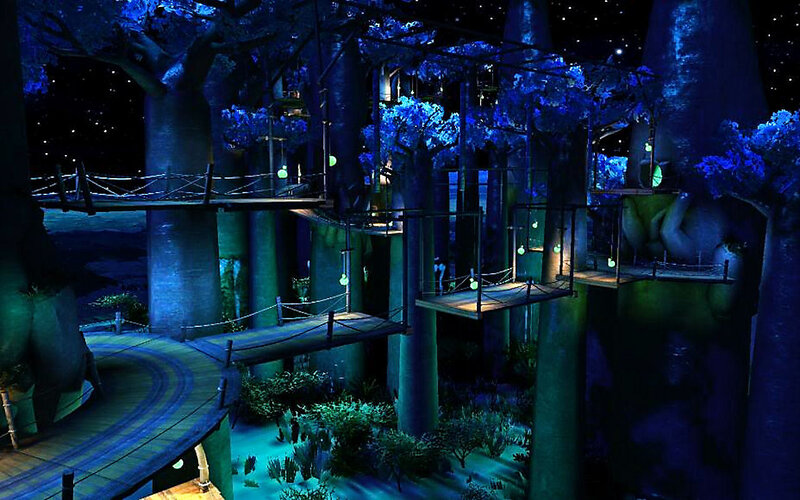nighttime treehouse village