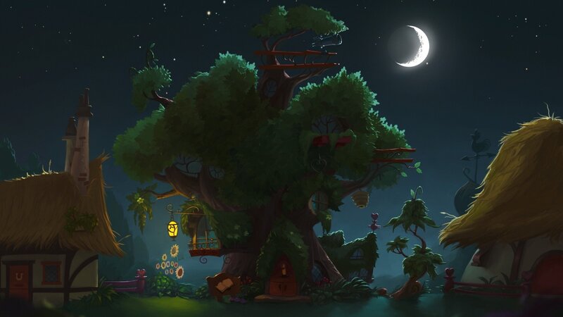 Nighttime treehouse village