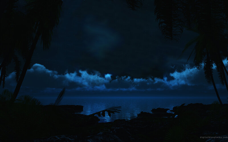 Nighttime tropical beach scene