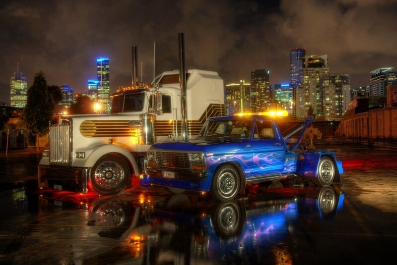 Nighttime truck scene in city