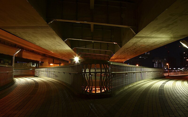 Nighttime underpass walkway