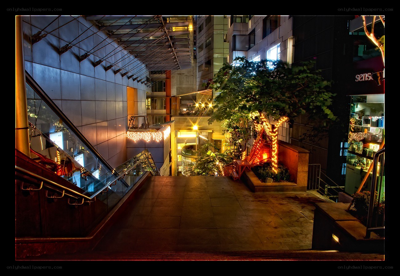 nighttime urban walkway scene