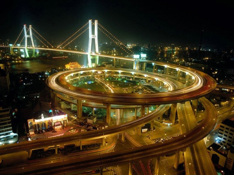 Nighttime view of a city interchange