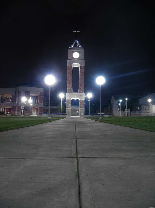 Nighttime view of a clock tower