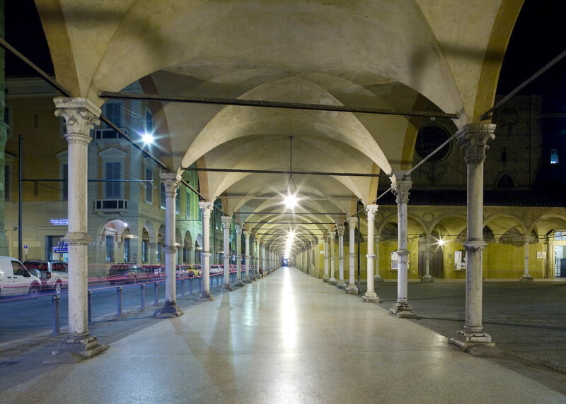 Nighttime view of a colonnade