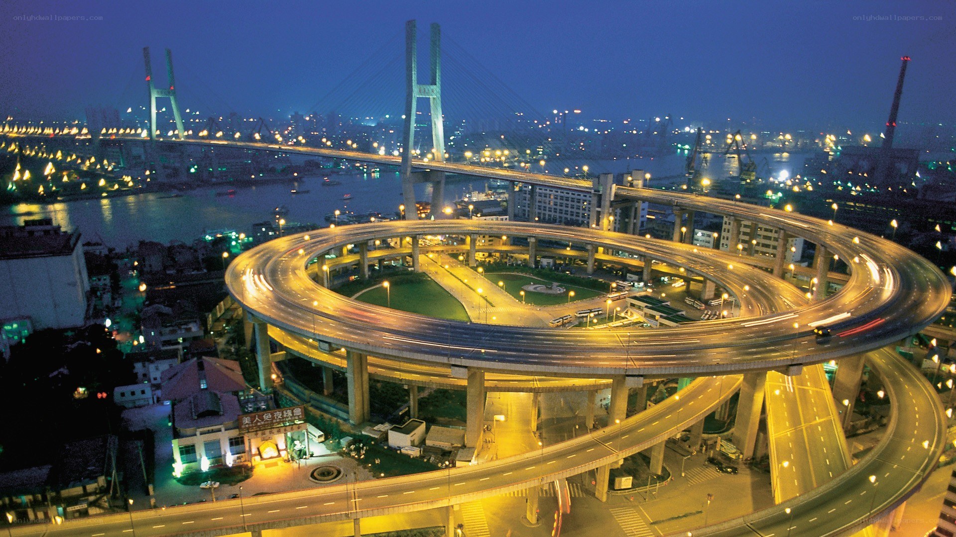 Nighttime view of a complex highway interchange