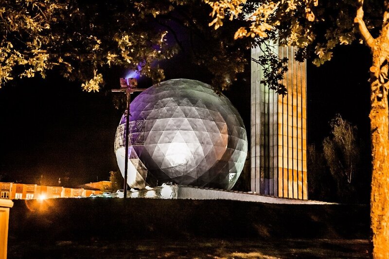 Nighttime view of a geodesic dome