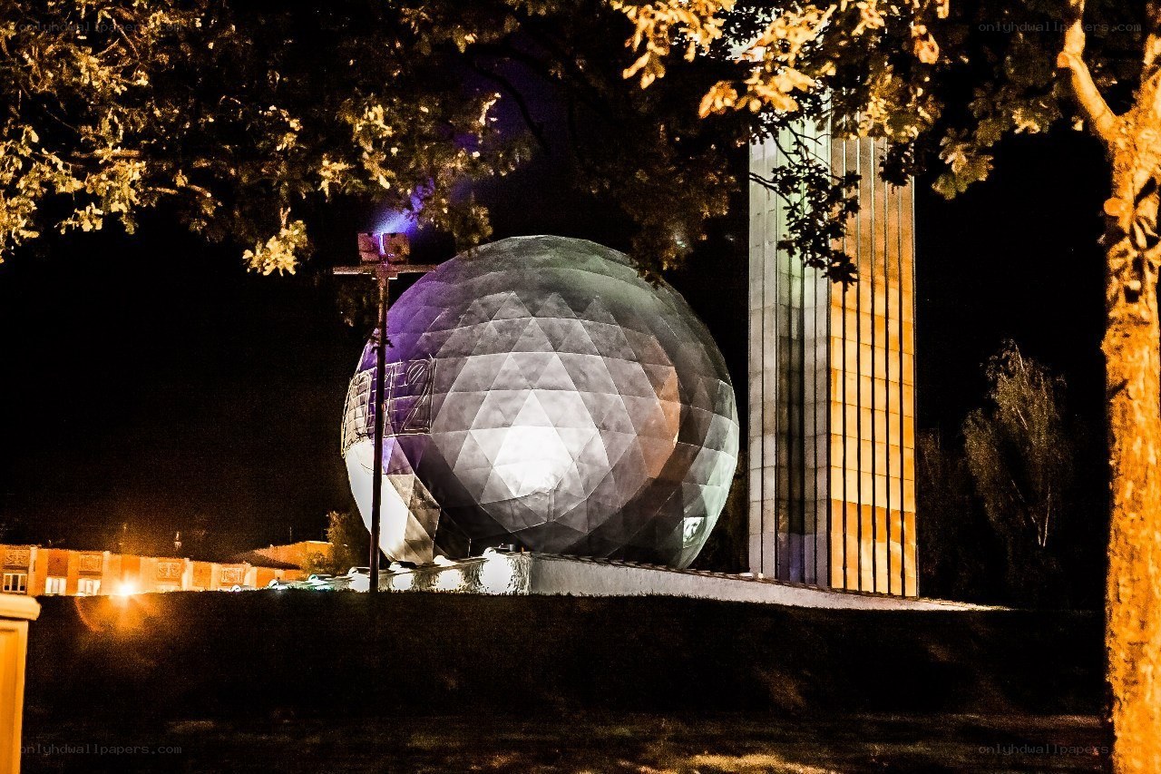 Nighttime view of a geodesic dome
