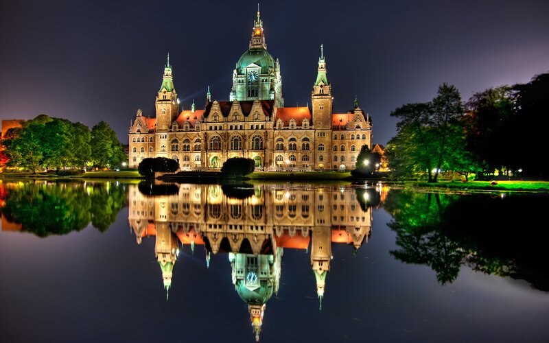 Nighttime view of a grand building