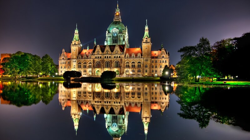 nighttime view of a grand building