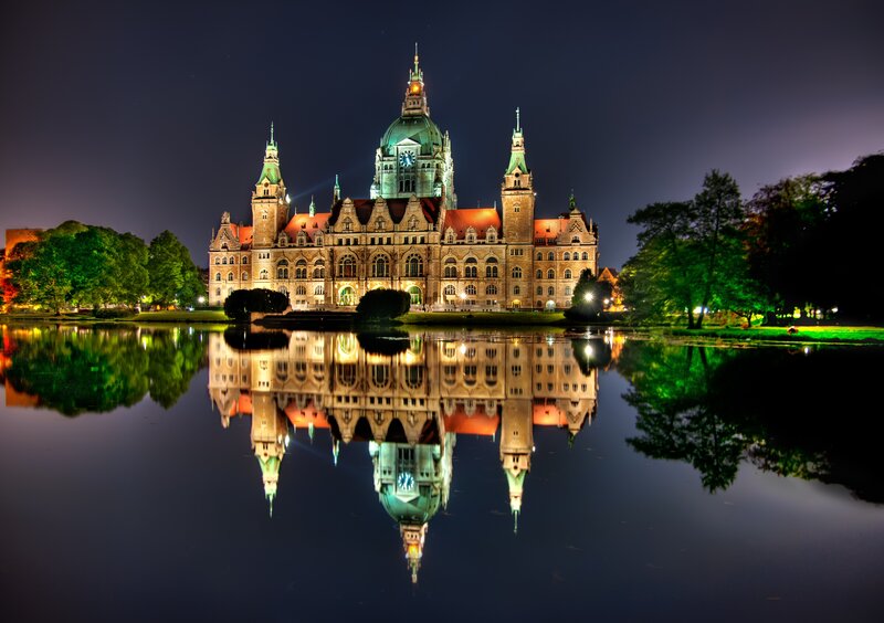 Nighttime view of a grand building