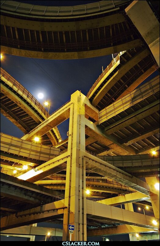 Nighttime view of a highway interchange