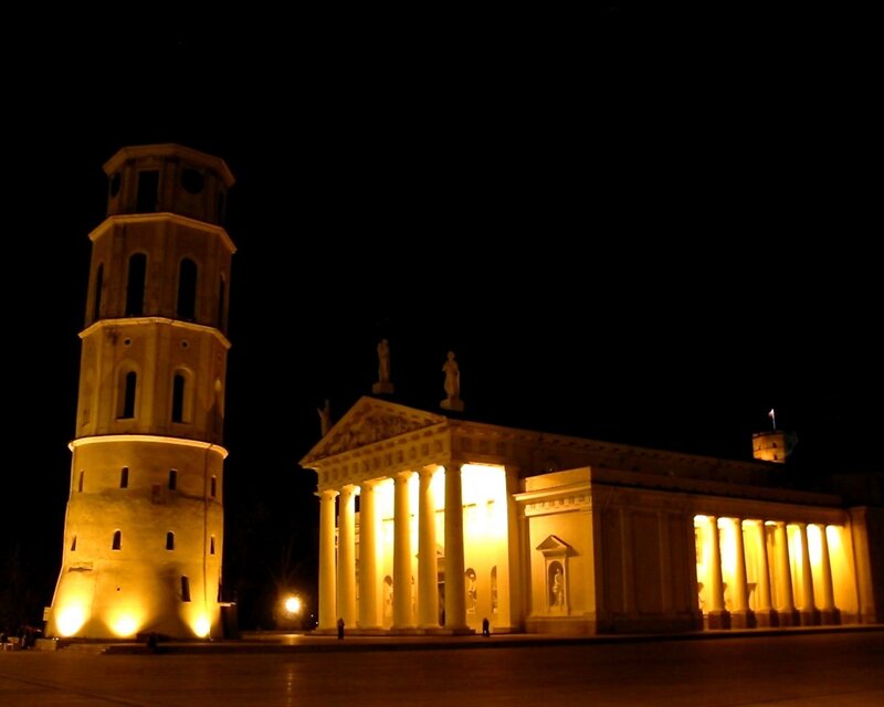 nighttime view of a historic building