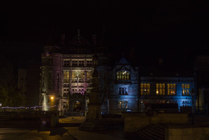 nighttime view of a historic building