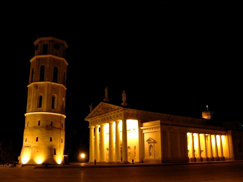 nighttime view of a historic building