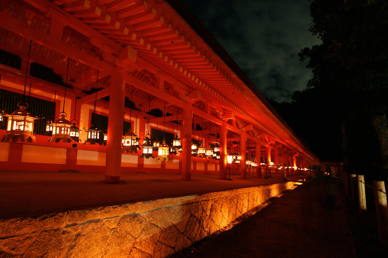 Nighttime view of a Japanese shrine