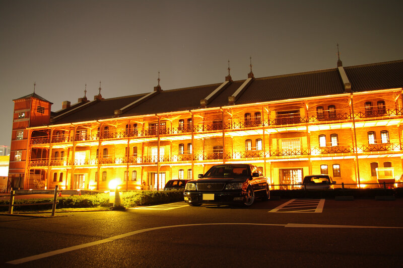 nighttime view of a lit building