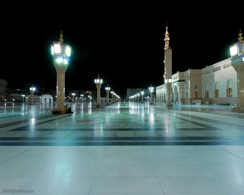 Nighttime view of a mosque courtyard