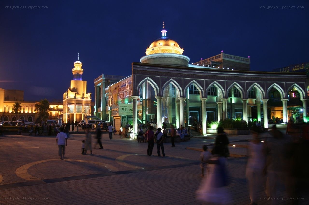 nighttime view of a mosque square