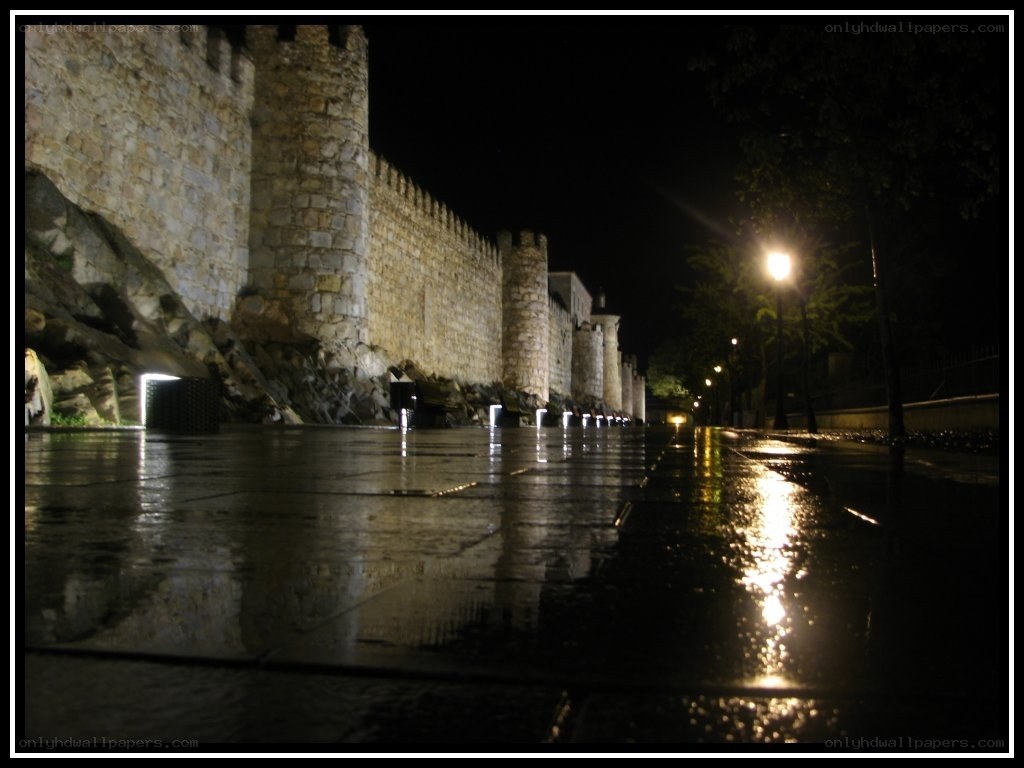 nighttime view of ancient wall