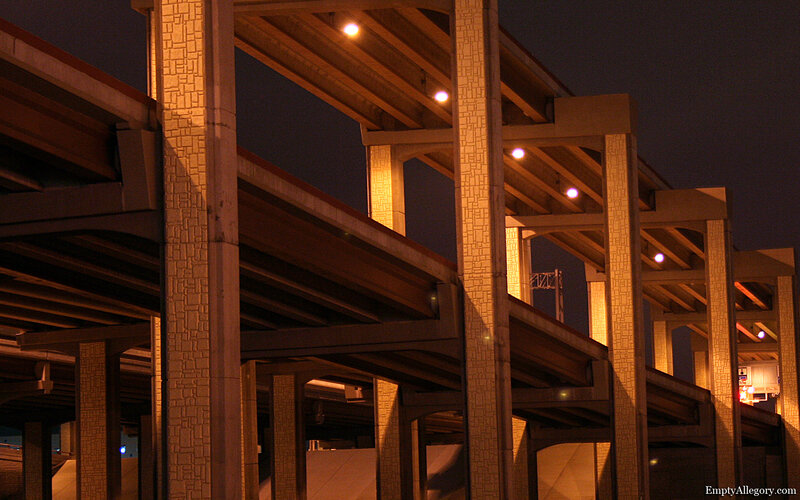Nighttime view of highway overpass