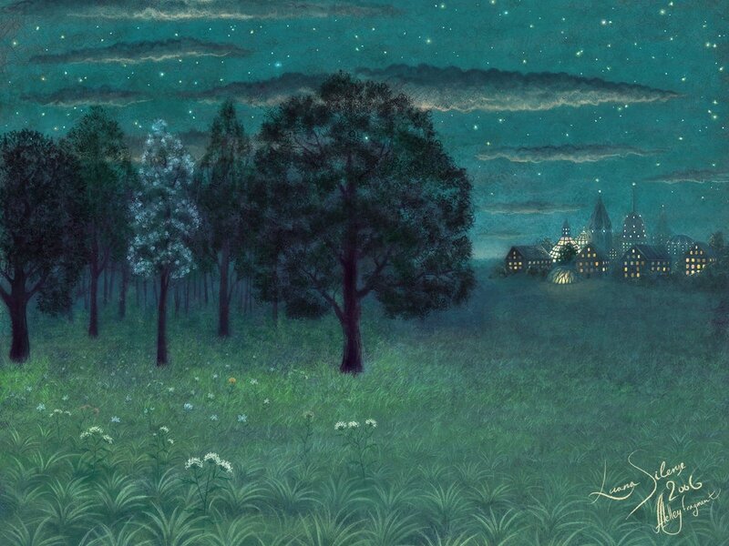 Nighttime village in a forest