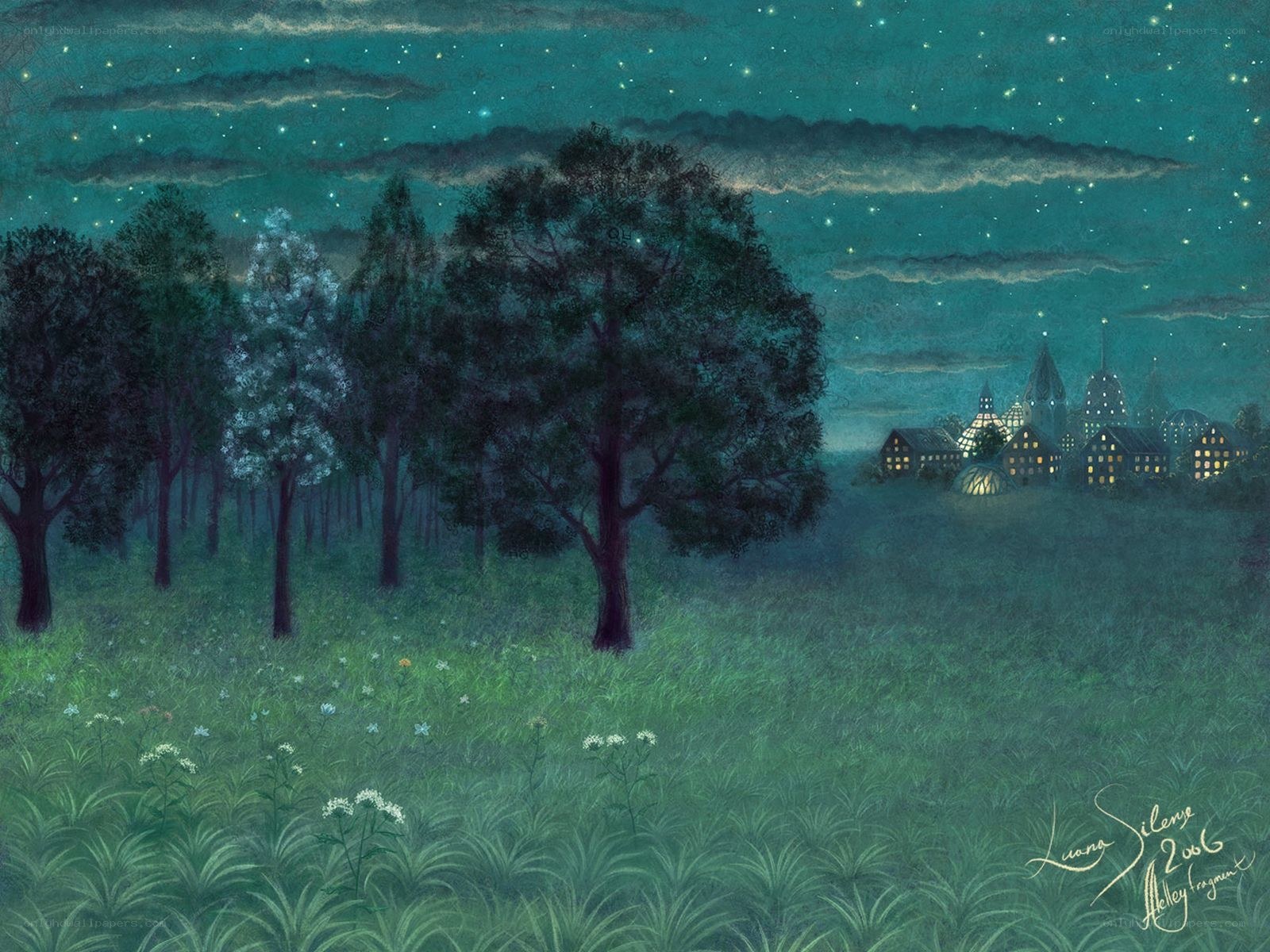 Nighttime village in a forest