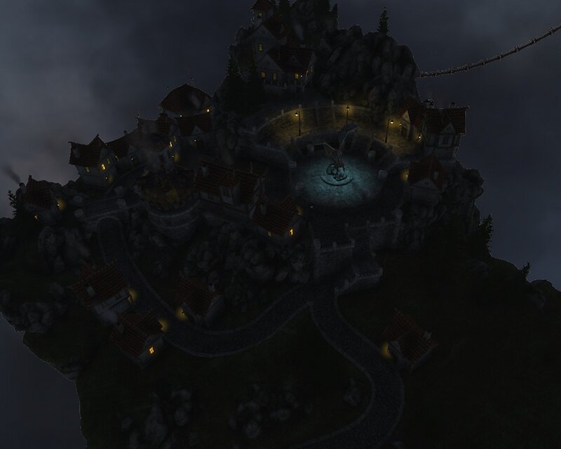 nighttime village on a cliff