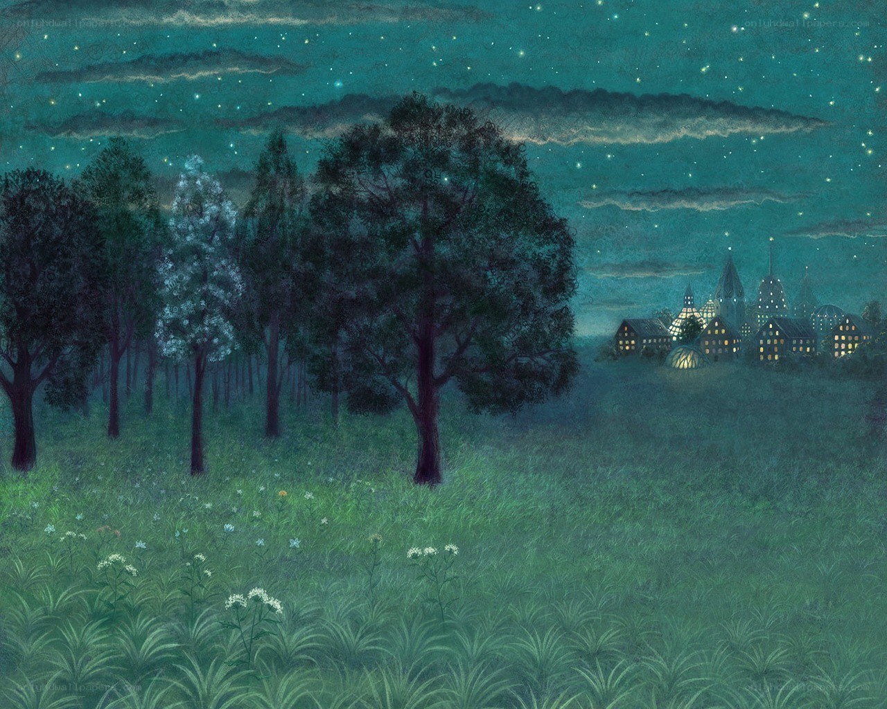 Nighttime village scene