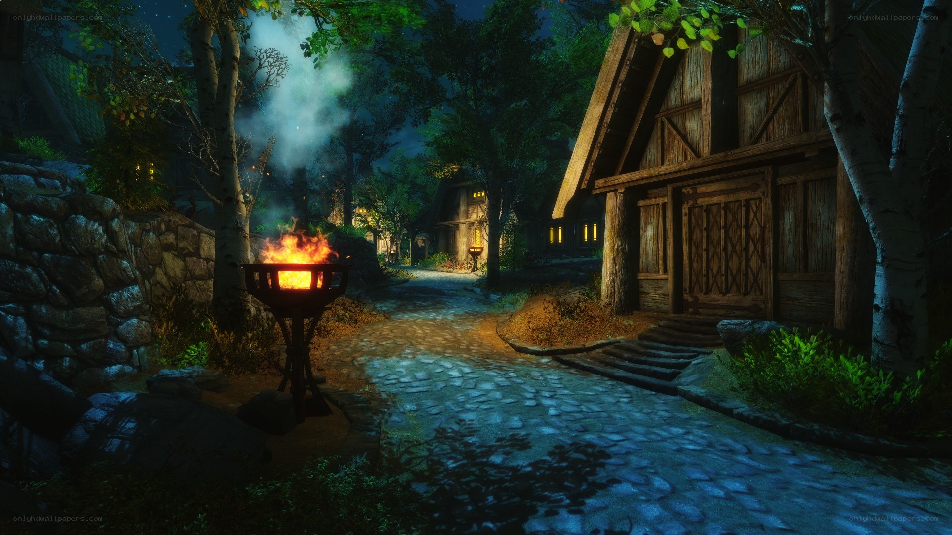 nighttime village scene