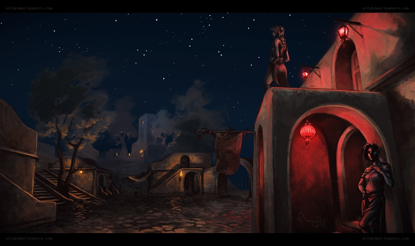 nighttime village scene