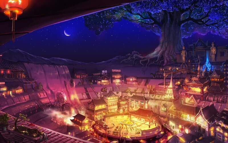 Nighttime Village Scene — Purple