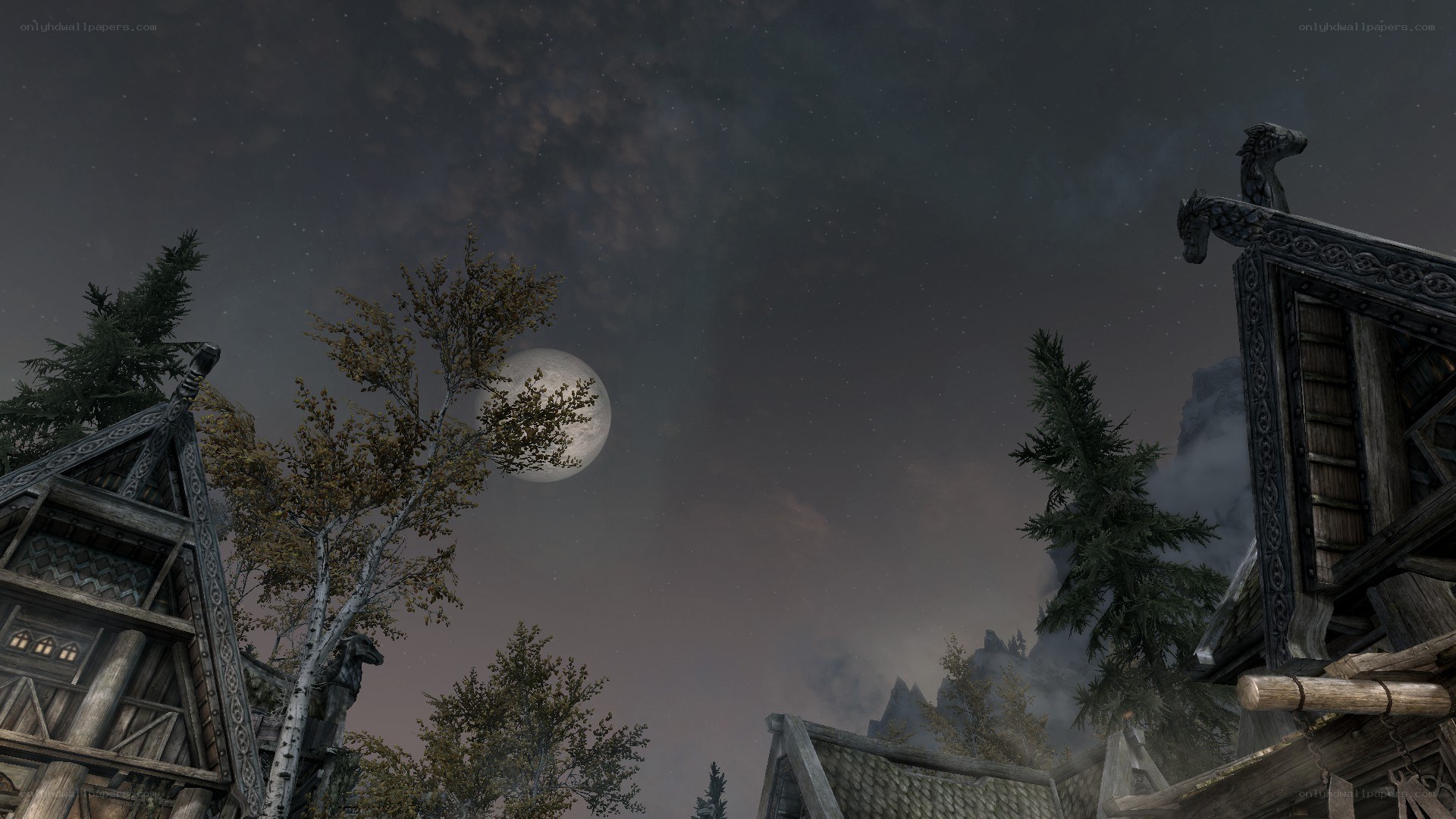 nighttime village under full moon