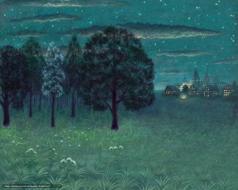 Nighttime village under starry sky